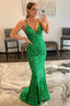Mermaid Spaghetti Straps Green Sequins Backless Long Prom Dresses