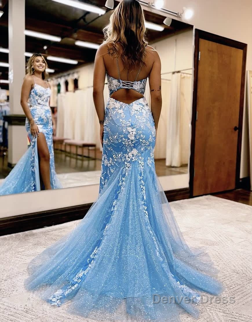 Mermaid Spaghetti Straps Lace Tulle Prom Dresses with Slit