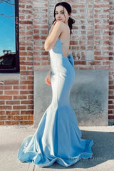 mermaid spaghetti straps light blue long prom dress with open back