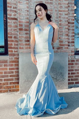 mermaid spaghetti straps light blue long prom dress with open back