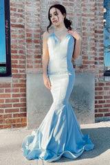 mermaid spaghetti straps light blue long prom dress with open back