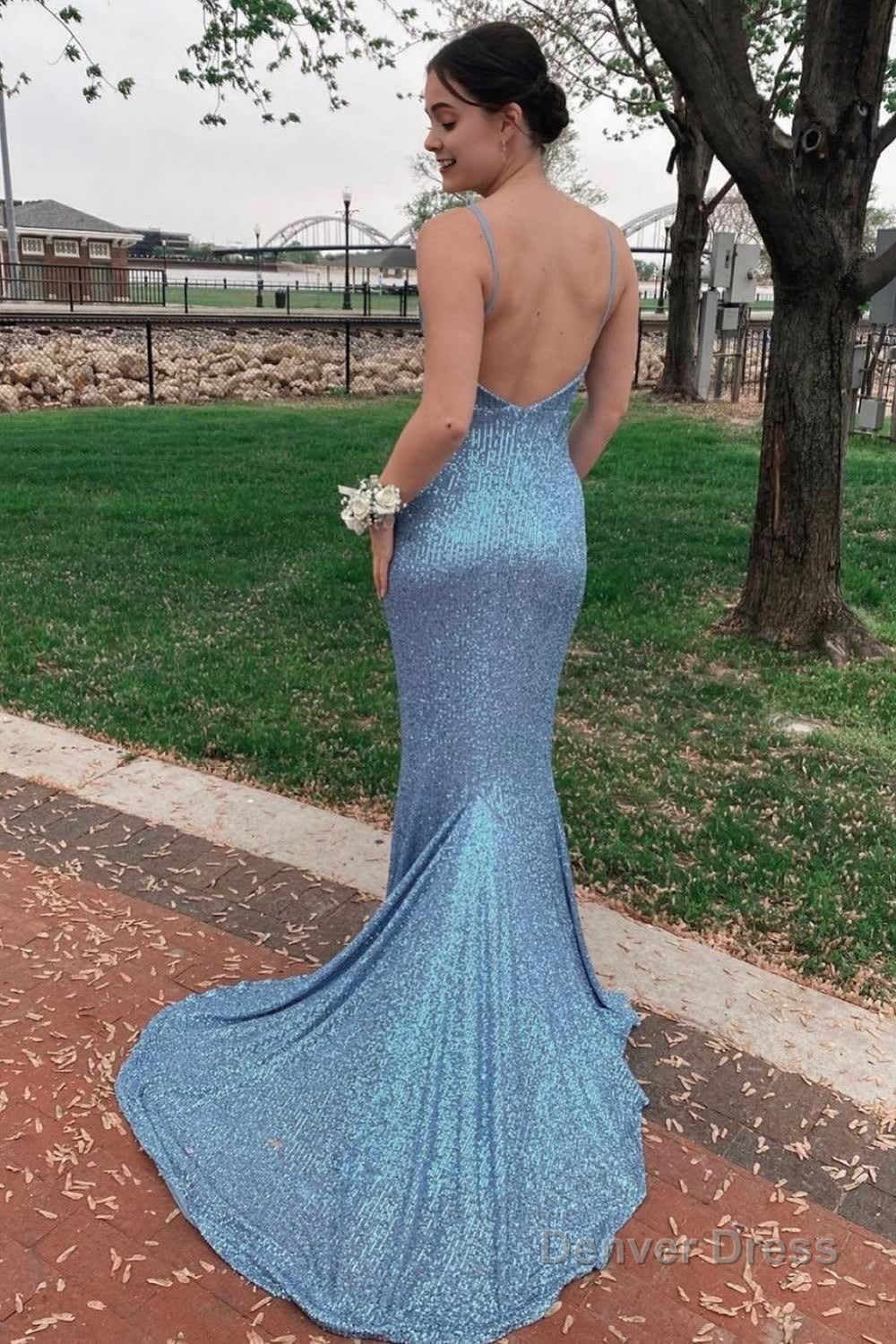 Mermaid Spaghetti Straps Light Blue Sequins Backless Long Prom Dresses