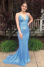 Mermaid Spaghetti Straps Light Blue Sequins Backless Long Prom Dresses