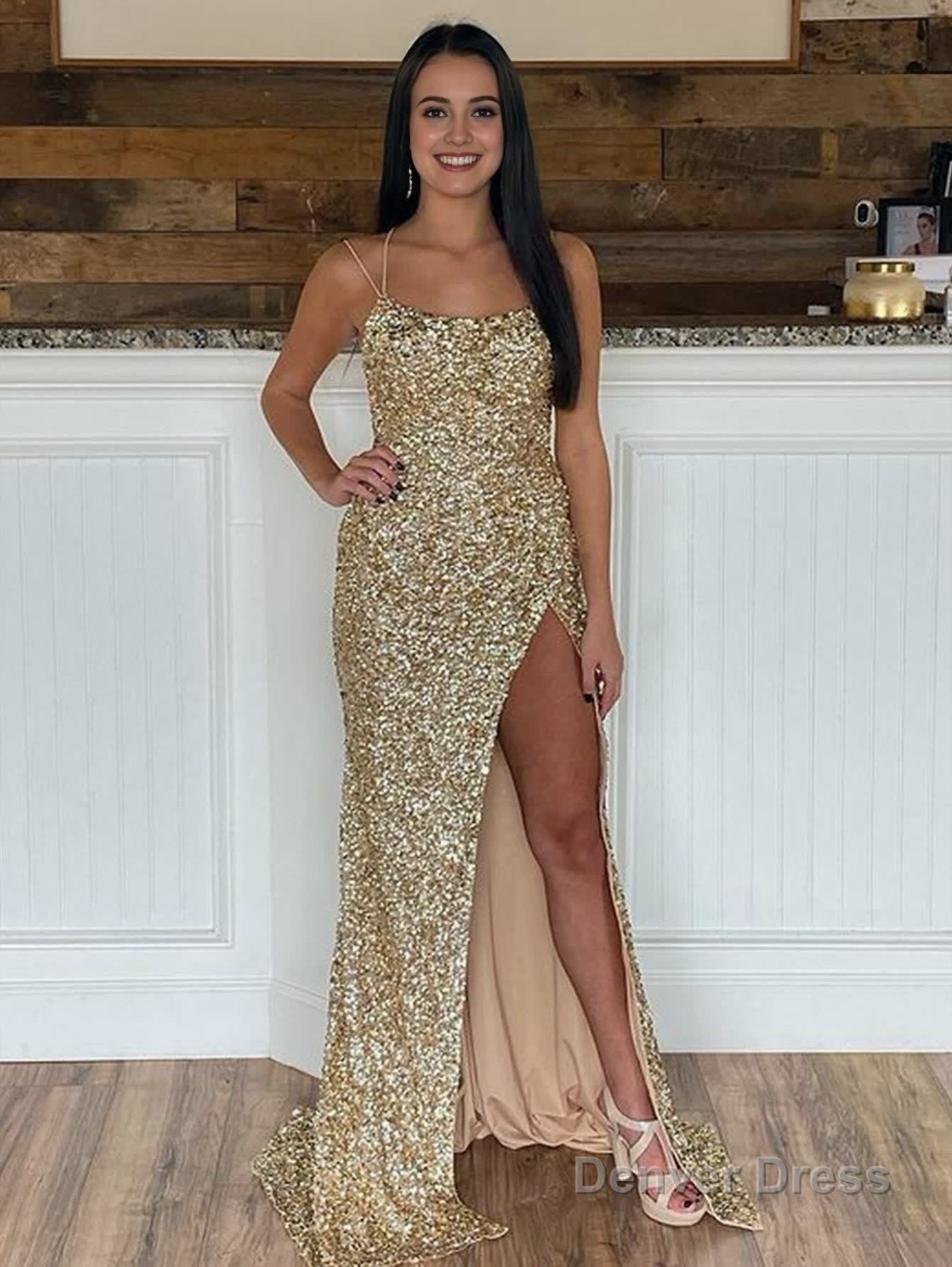 Mermaid Spaghetti Straps Long Sequins Prom Dresses