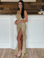 Mermaid Spaghetti Straps Long Sequins Prom Dresses