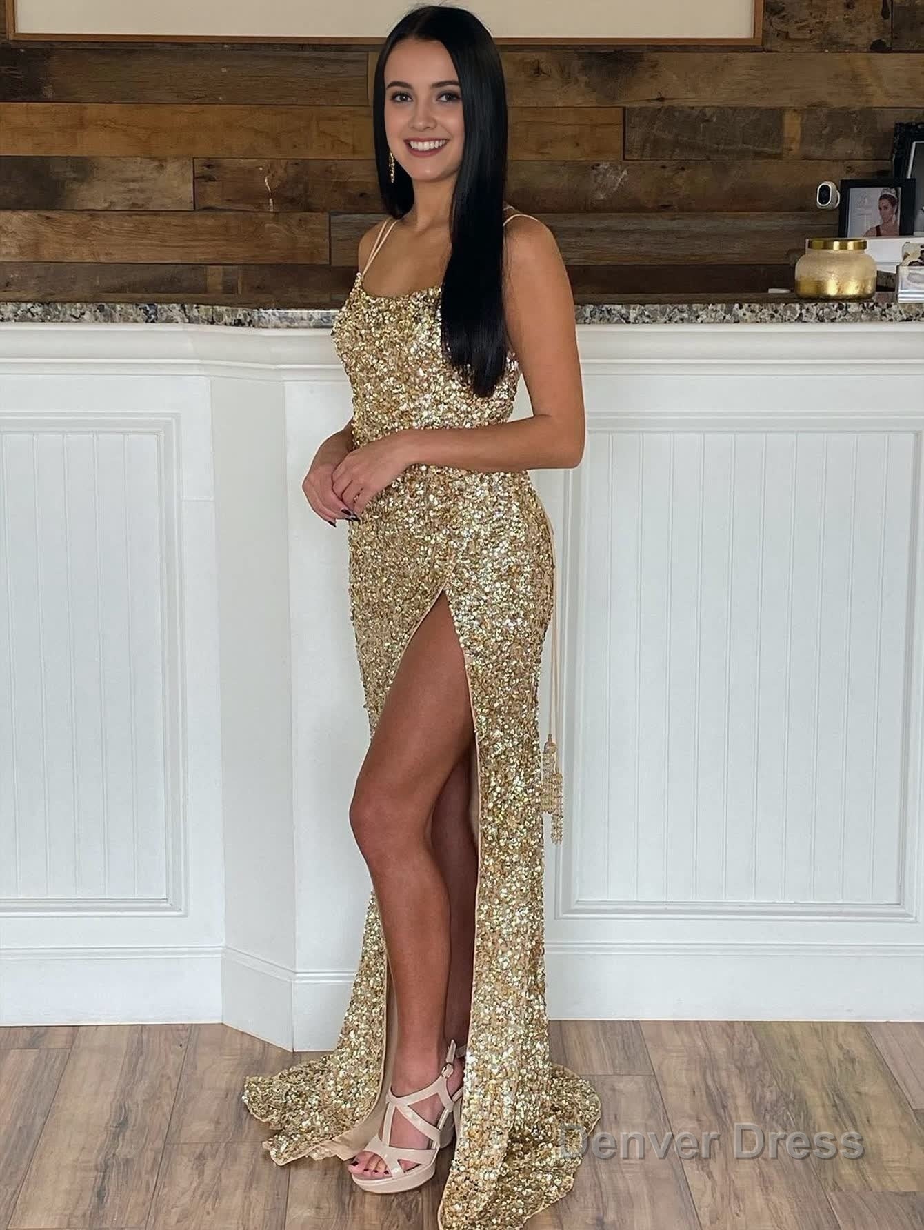 Mermaid Spaghetti Straps Long Sequins Prom Dresses