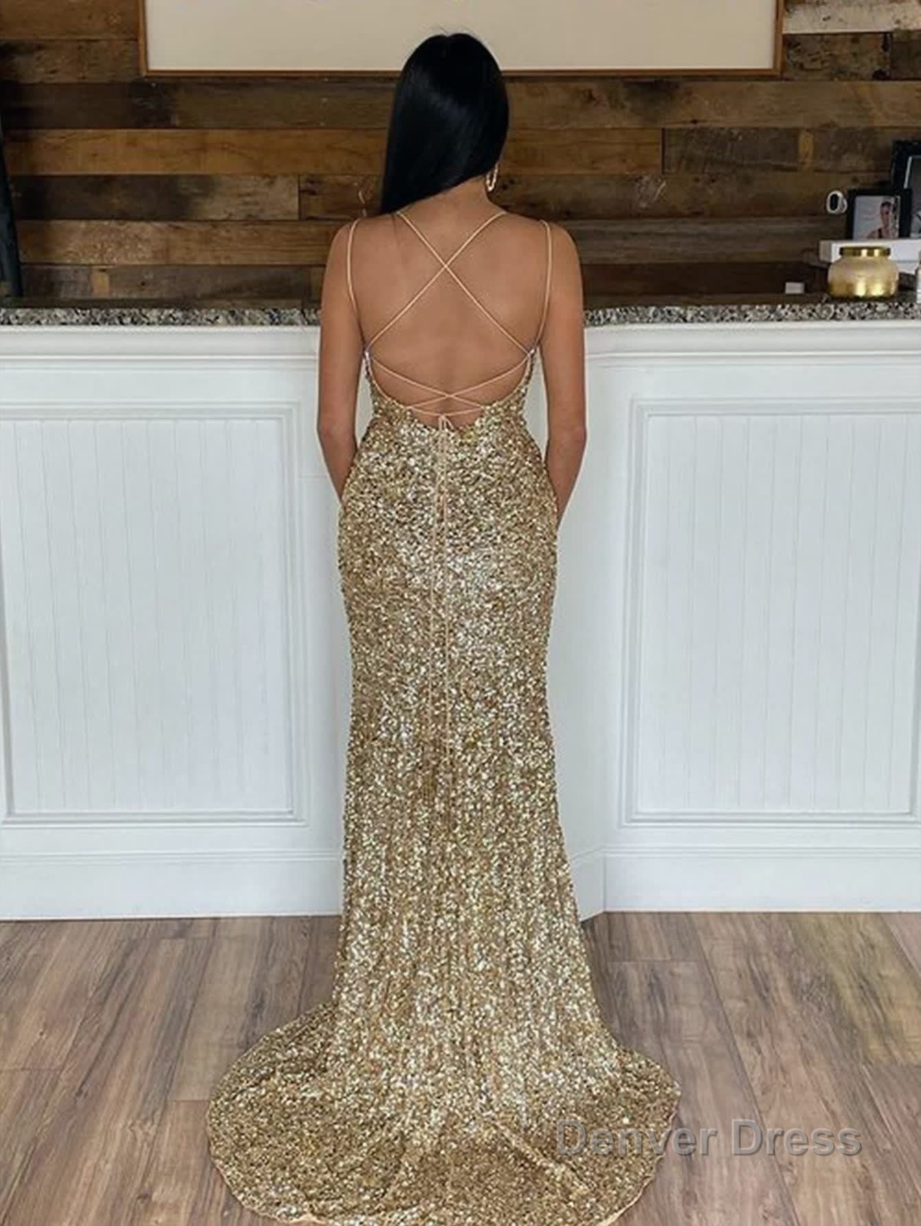 Mermaid Spaghetti Straps Long Sequins Prom Dresses