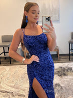 Mermaid Spaghetti Straps Long Sequins Prom Dresses