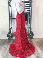 Mermaid Spaghetti Straps Long Sequins Prom Dresses