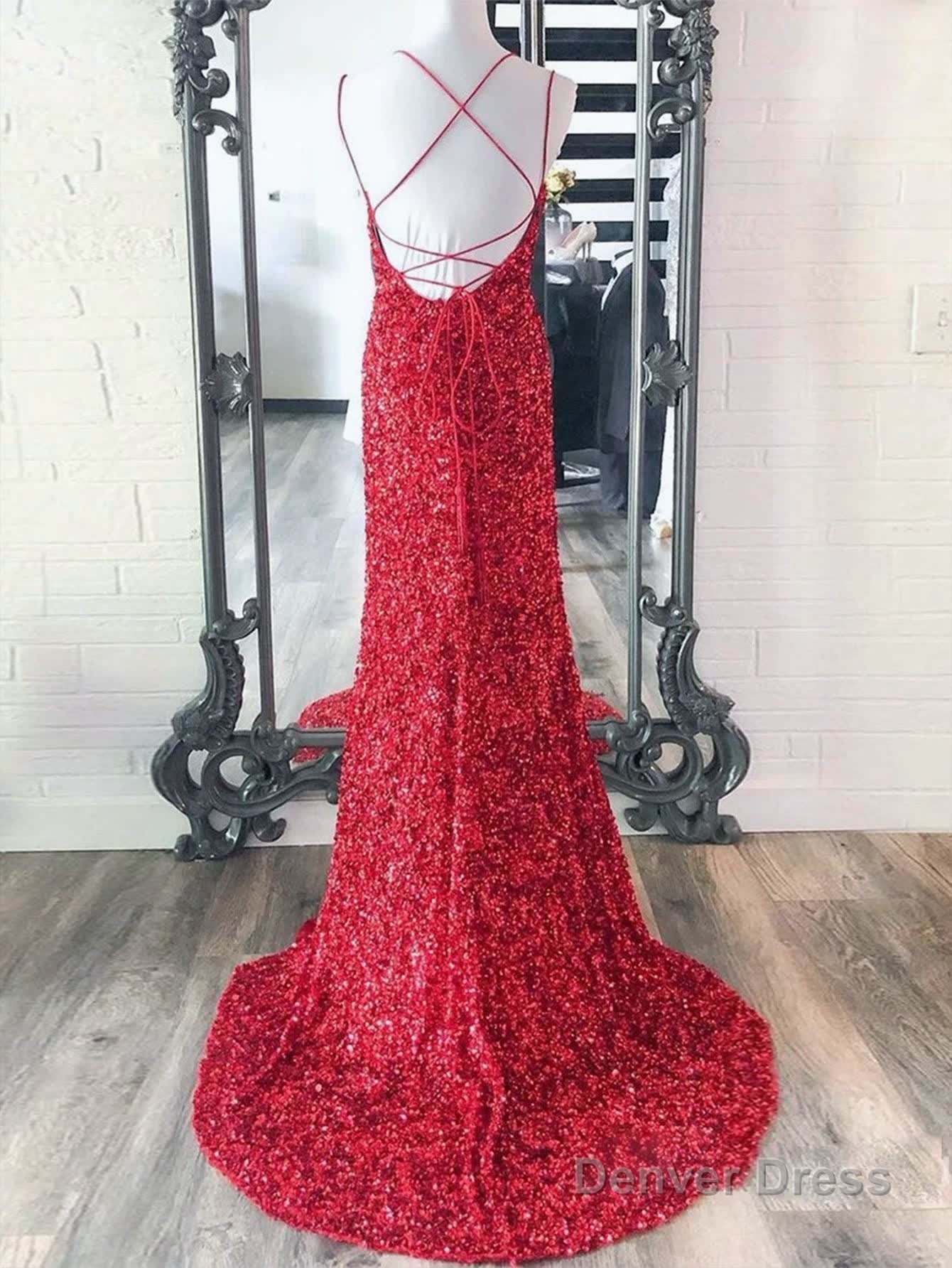 Mermaid Spaghetti Straps Long Sequins Prom Dresses