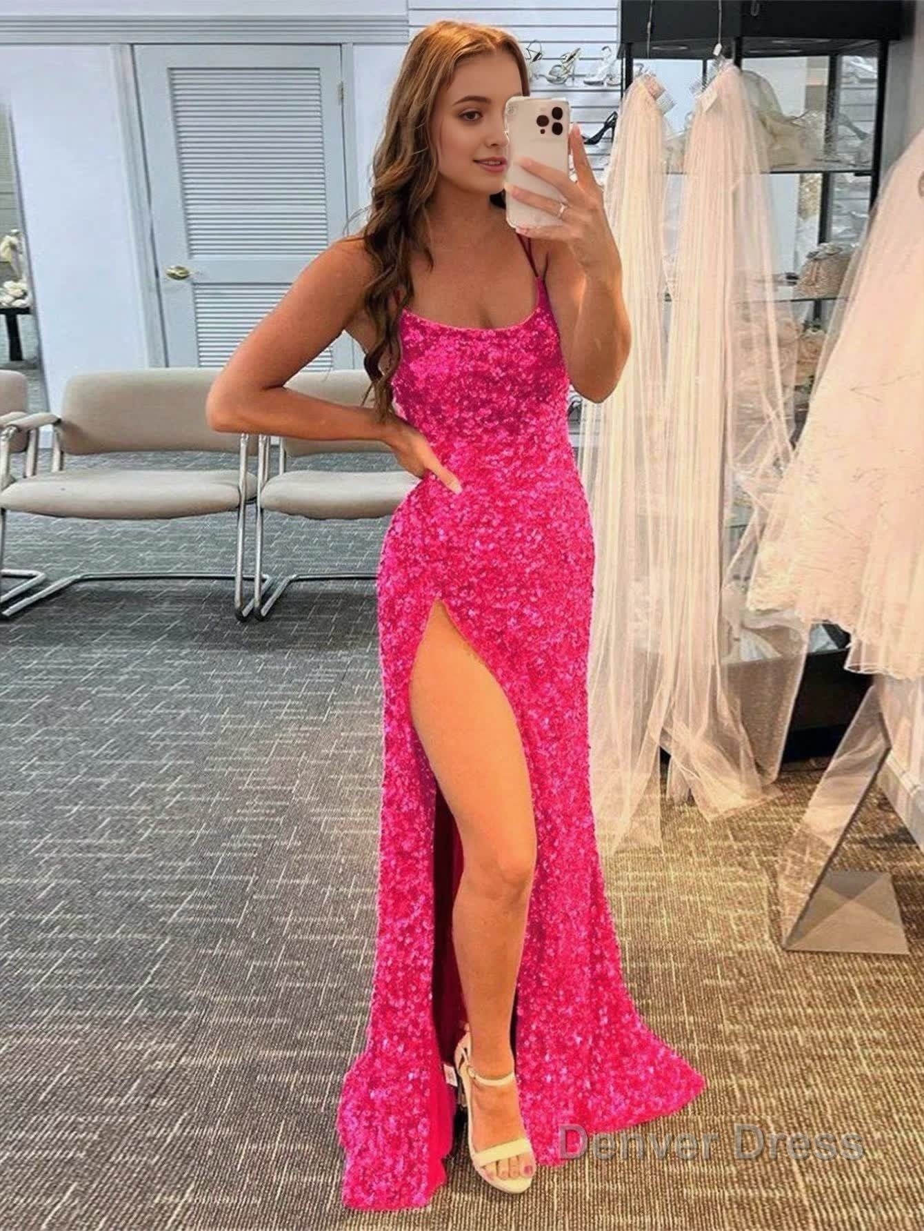 Mermaid Spaghetti Straps Long Sequins Prom Dresses