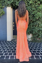 Mermaid Spaghetti Straps Orange Sequins Long Prom Dresses with Split Front