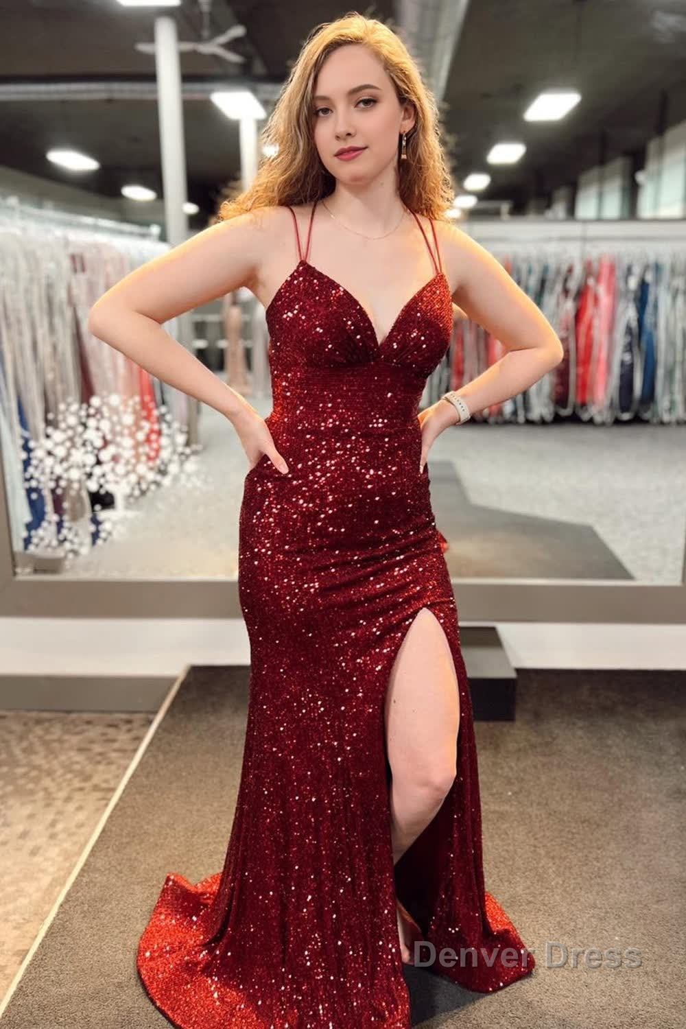 Mermaid Spaghetti Straps Orange Sequins Long Prom Dresses with Split Front