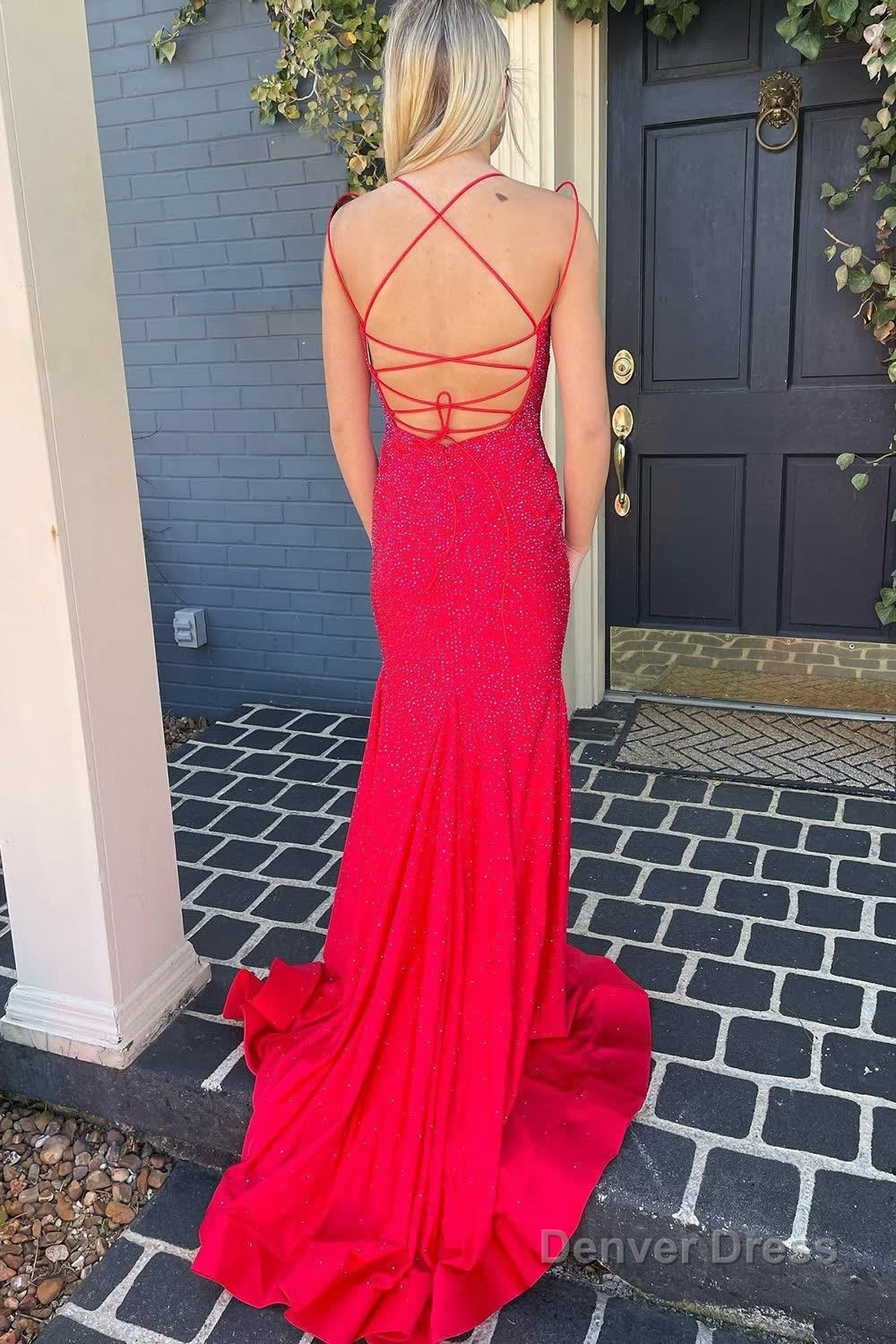 Mermaid Spaghetti Straps Red Long Prom Dresses with Criss Cross Back
