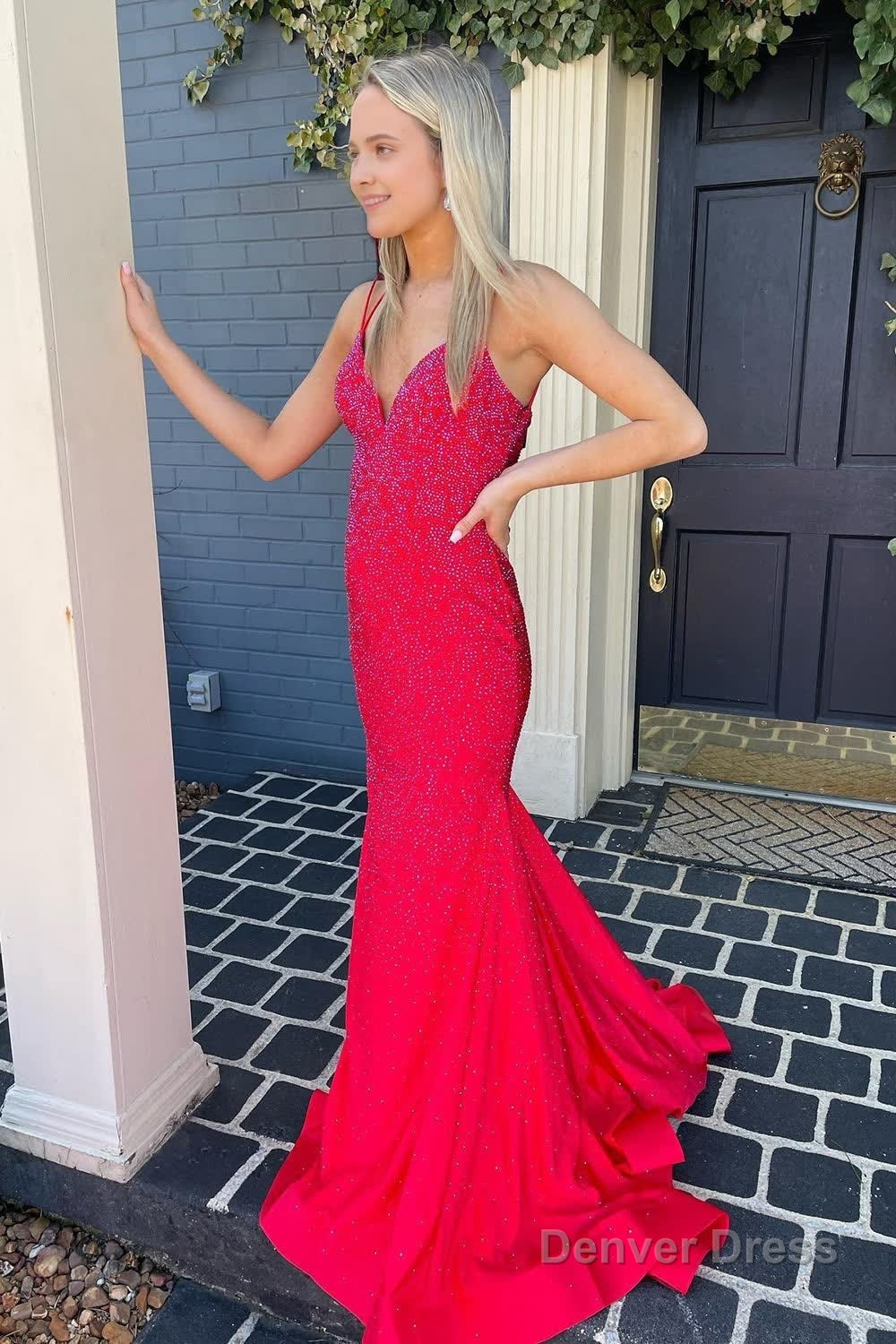 Mermaid Spaghetti Straps Red Long Prom Dresses with Criss Cross Back Main image