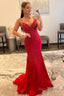 Mermaid Spaghetti Straps Red Long Prom Dresses with Criss Cross Back