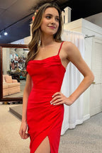 Mermaid Spaghetti Straps Red Long Prom Dresses with Split Front