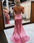 Mermaid Spaghetti Straps Satin Prom Dresses with Slit