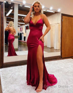 Mermaid Spaghetti Straps Satin Prom Dresses with Slit