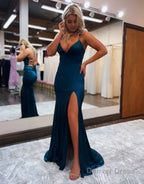 Mermaid Spaghetti Straps Satin Prom Dresses with Slit