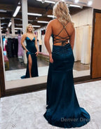 Mermaid Spaghetti Straps Satin Prom Dresses with Slit