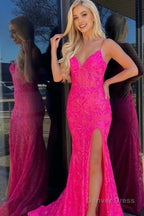 Mermaid Spaghetti Straps Sequined Lace Prom Dresses