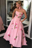 A-Line Sweetheart Strapless Pink Long Prom Dresses With Embroidery Pockets