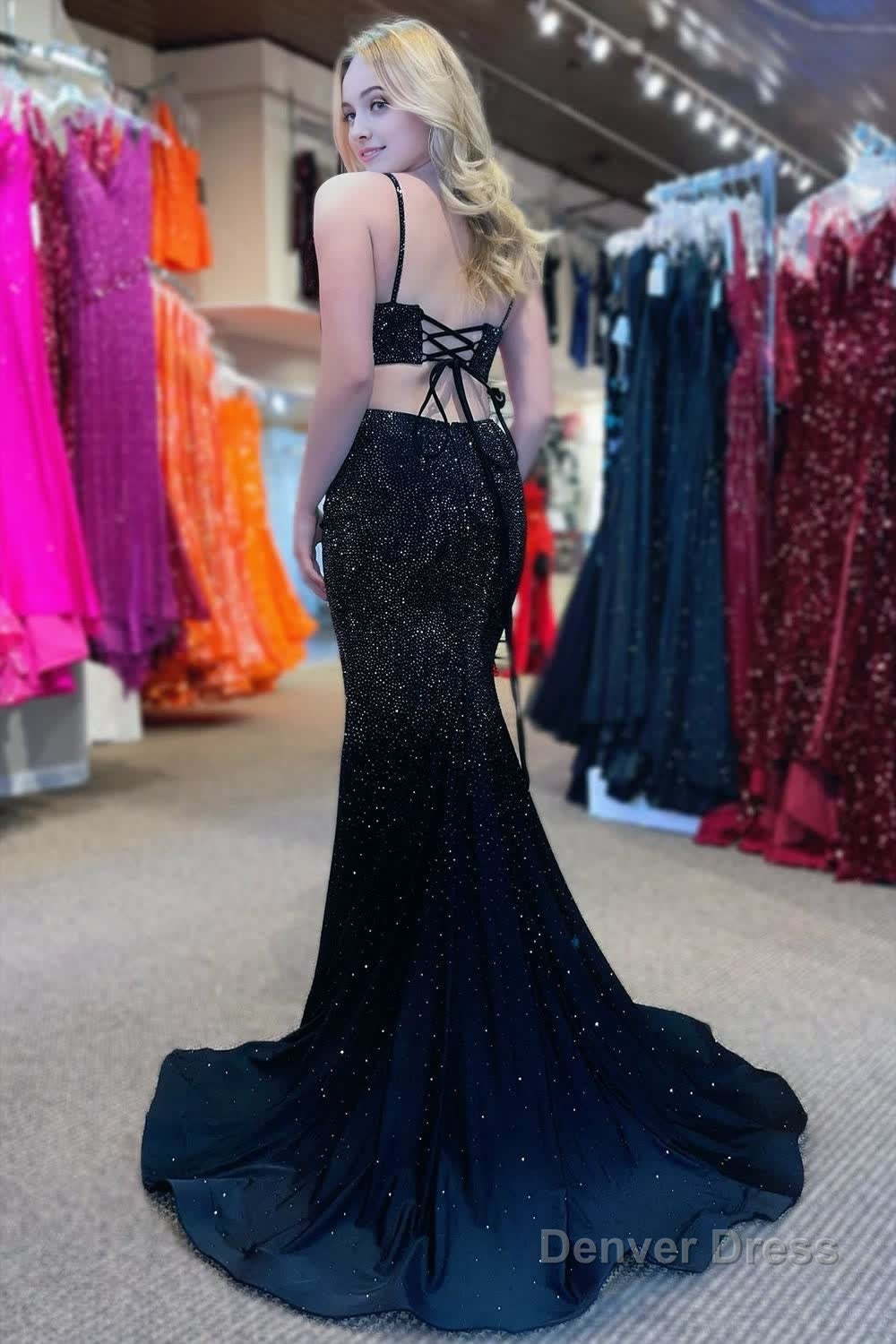 Mermaid Spaghettti Strap Beaded Satin Prom Dresses with Slit
