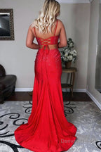 Mermaid Spaghettti Strap Beaded Satin Prom Dresses with Slit