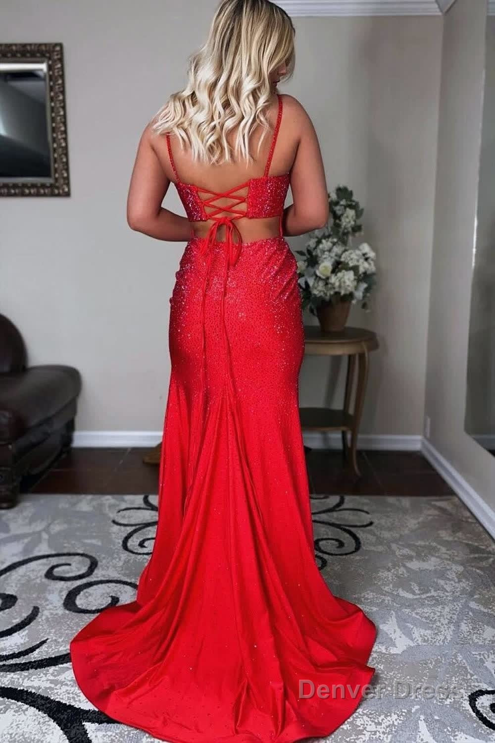 Mermaid Spaghettti Strap Beaded Satin Prom Dresses with Slit