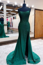 Mermaid Spaghettti Straps Black Sequins Long Prom Dresses with Split Front