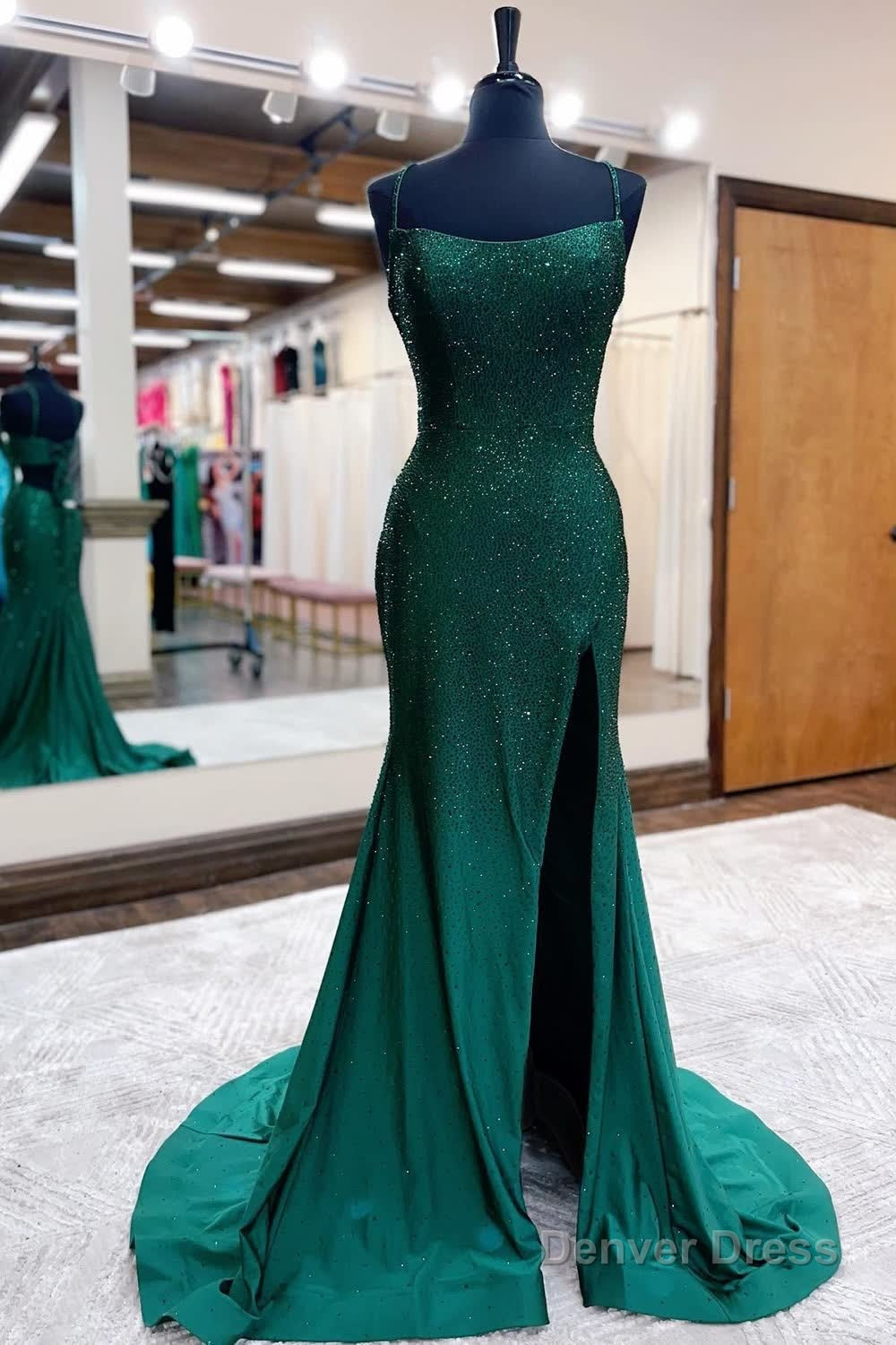 Mermaid Spaghettti Straps Black Sequins Long Prom Dresses with Split Front