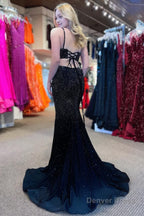 Mermaid Spaghettti Straps Black Sequins Long Prom Dresses with Split Front