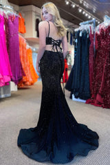 mermaid spaghettti straps black sequins long prom dress with split front