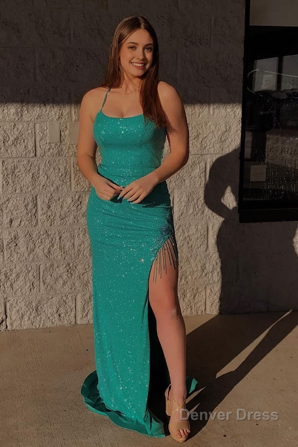 Mermaid Sparkly Green Sequins Long Prom Dress with Tassel Main image