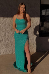 mermaid sparkly green sequins long prom dress with tassel