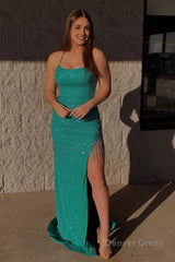 mermaid sparkly green sequins long prom dress with tassel