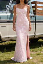 Mermaid Sparkly Pink Prom Dresses with Slit