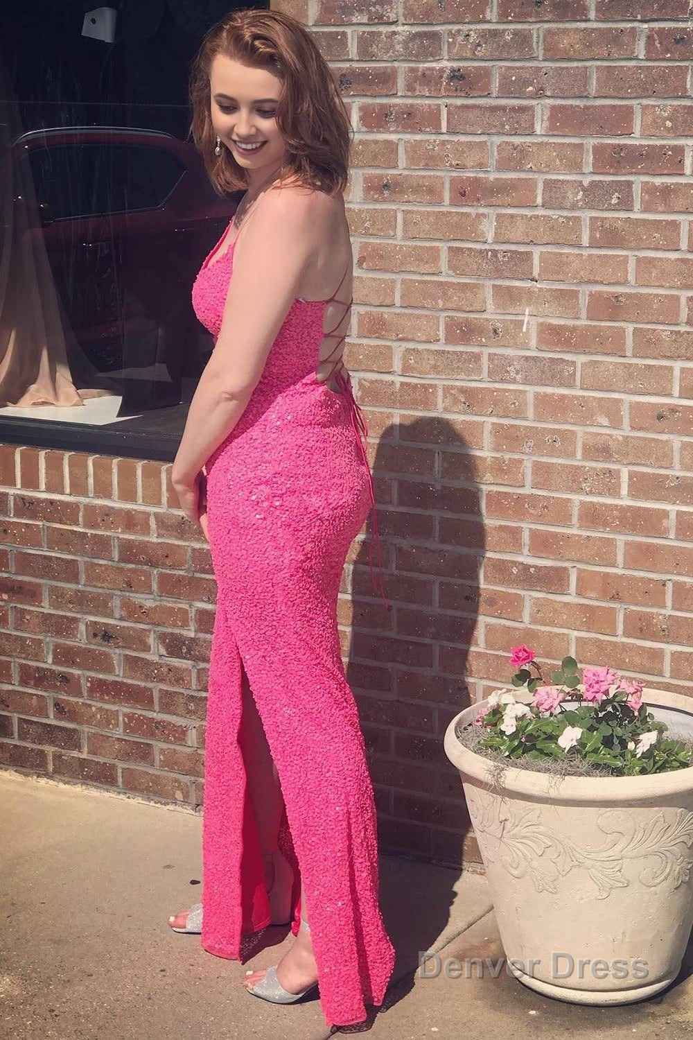 Mermaid Sparkly Pink Sequins Long Prom Dresses with Slit Secondary image