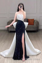 Mermaid Strapless Black Satin Long Slit Prom Dresses