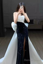 Mermaid Strapless Black Satin Long Slit Prom Dresses