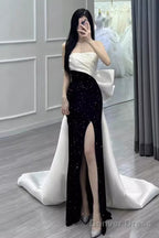 Mermaid Strapless Black Satin Long Slit Prom Dresses