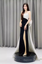 Mermaid Strapless Black Satin Long Slit Prom Dresses