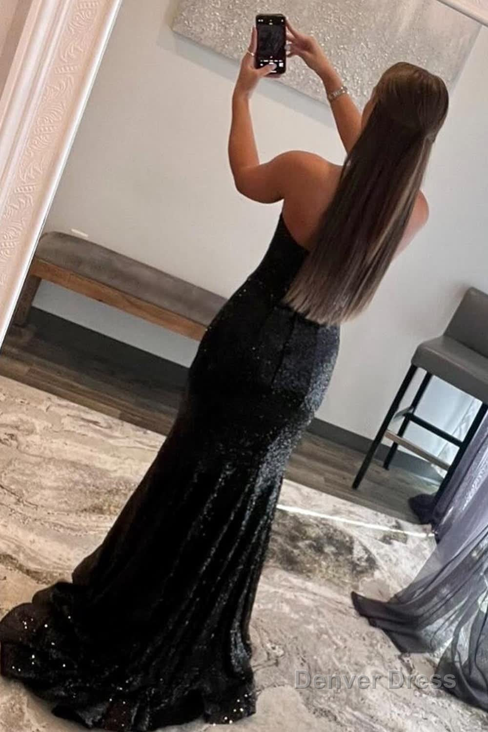 Mermaid Strapless Black Sequins Long Prom Dresses with Feather Secondary image