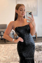 Mermaid Strapless Black Sequins Long Prom Dresses with Feather