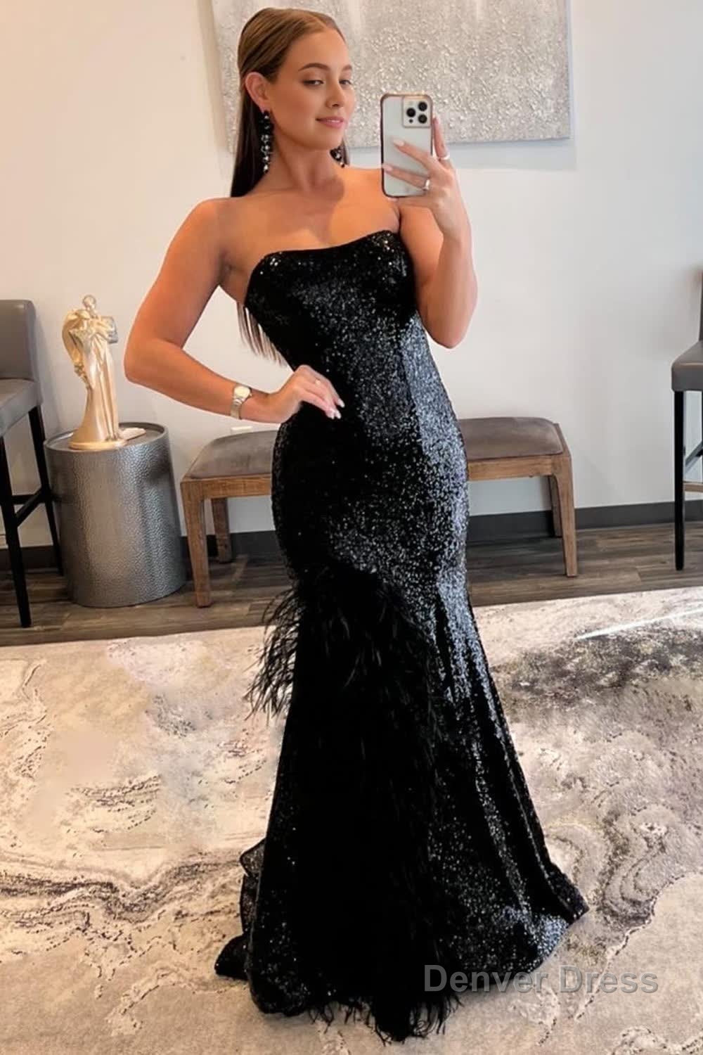 mermaid strapless black sequins long prom dress with feather