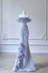 Mermaid Strapless Blue Sequin Prom Dresses Evening Dress