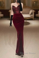Mermaid Strapless Burgundy Long Lace Prom Dresses