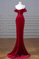 Mermaid Strapless Burgundy Velvet Prom Dresses Evening Dress