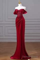 Mermaid Strapless Burgundy Velvet Prom Dresses Evening Dress